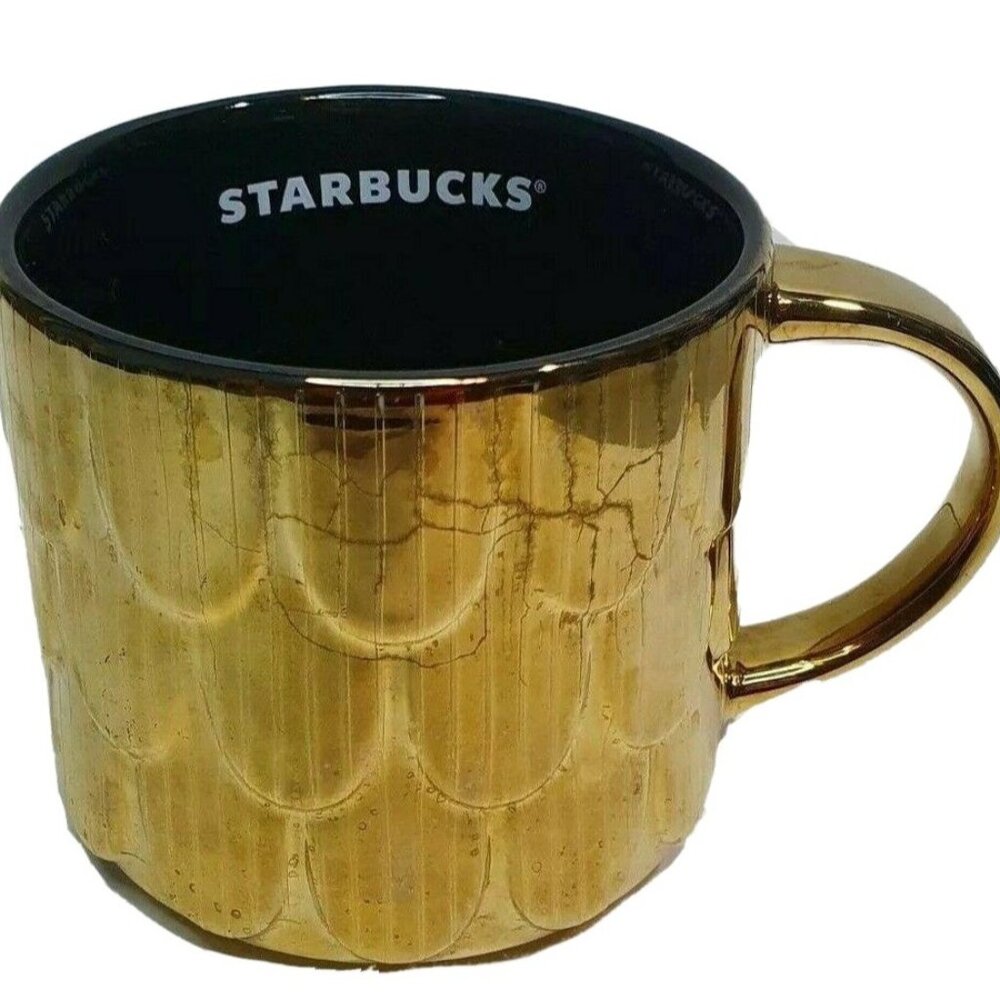STARBUCKS Gold Coffee Mug Ceramic Mermaid Scales Scalloped  14 fl oz Holiday